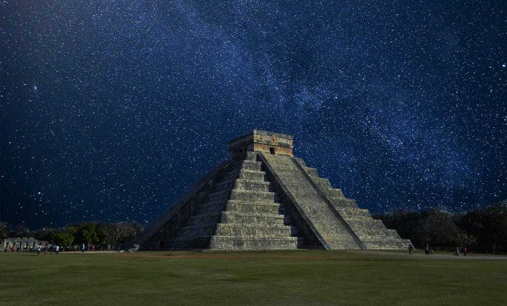 A night shot of the Chichen Itza Pyramid in Mexico